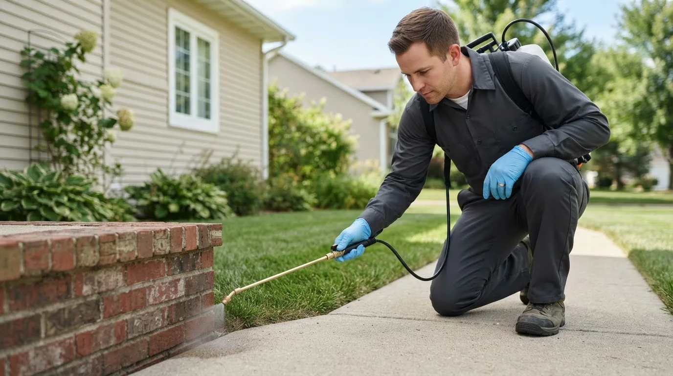 Pest control technician treating a home near Cannelburg, IN