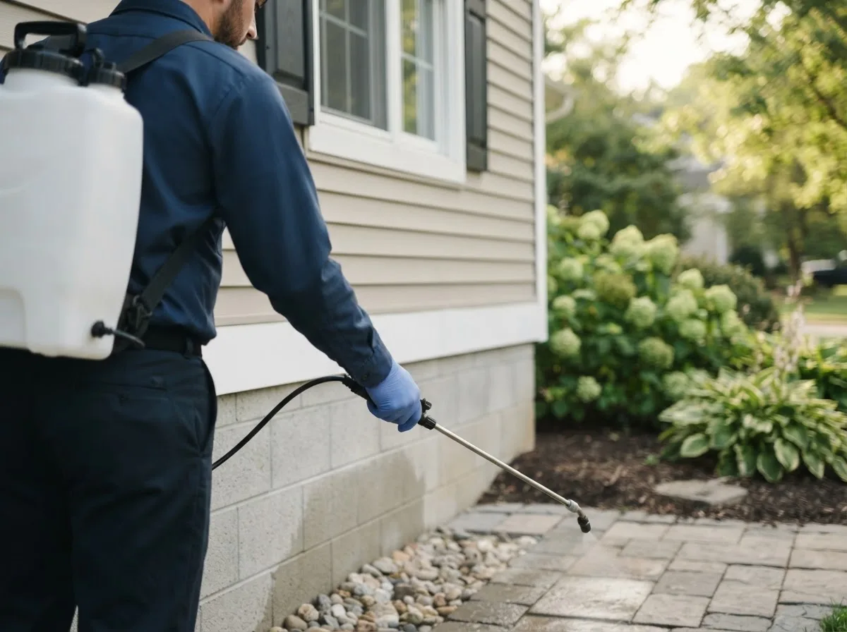 Pest control technician inspecting a home in Cannelburg, IN